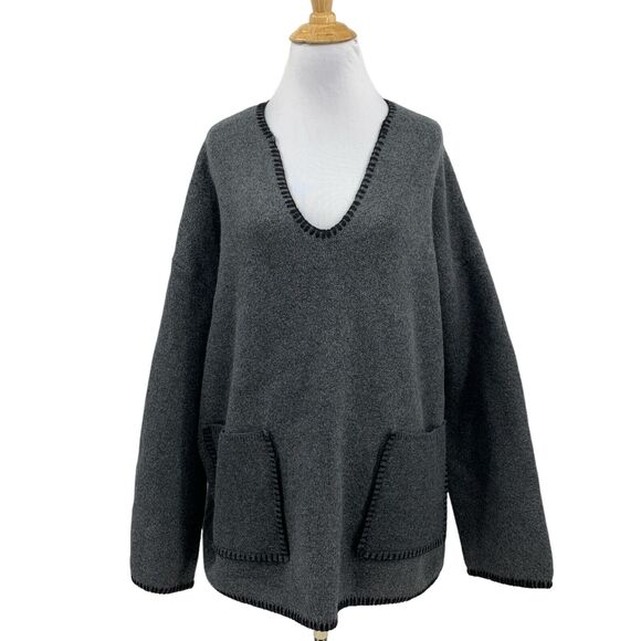 Zara Sweater Womens L Large Gray Knit Exposed Stitching V Neck Pockets Oversized - Picture 1 of 13